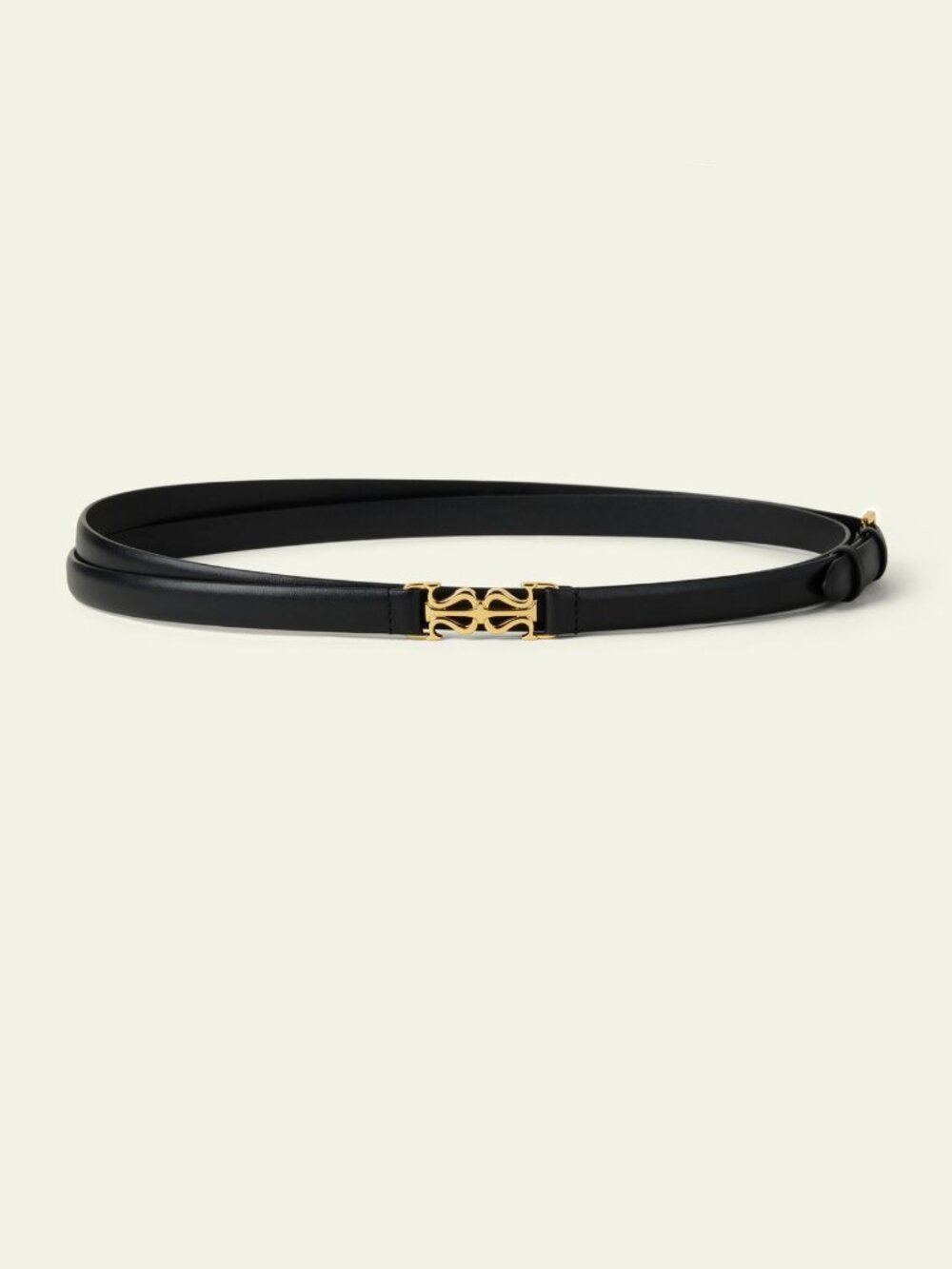 Slim Double-Strap Leather Belt in Black with Gold Hardware Size M